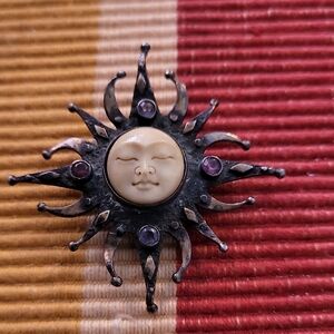 Vintage Brooch Pendant Sun W Genuine Stones 925 Silver
